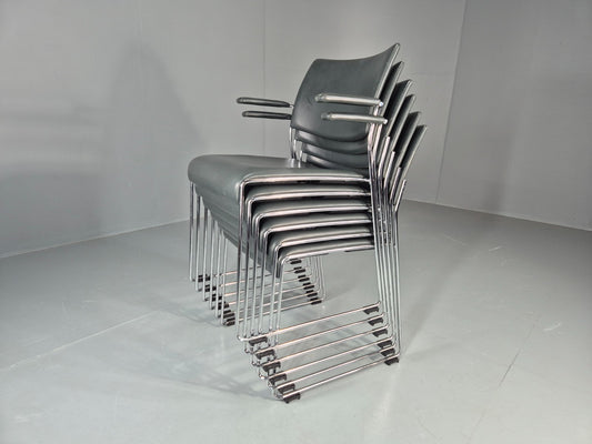 6 Leather Stacking Chairs Brunner Linos Dark Green Chrome Modern EB11736 MSTA1