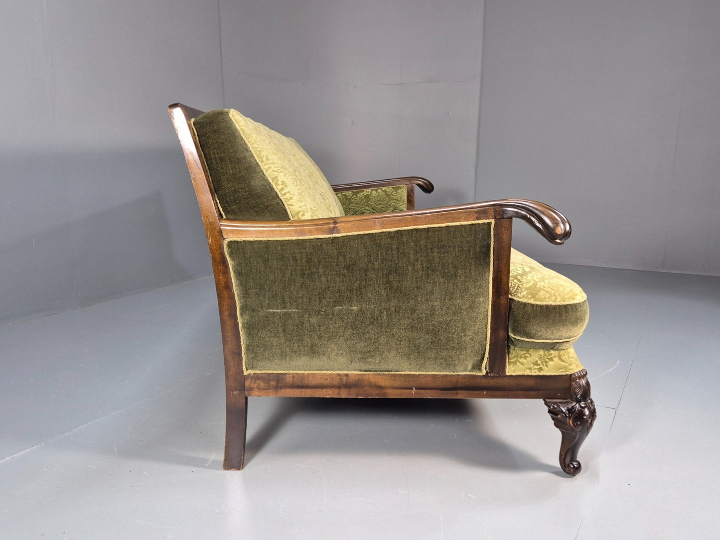 Antique Danish Baroque Style 3 Seat Sofa Green Moquette Carved Wood EB9636 V3SS - UKDK FURNITURE