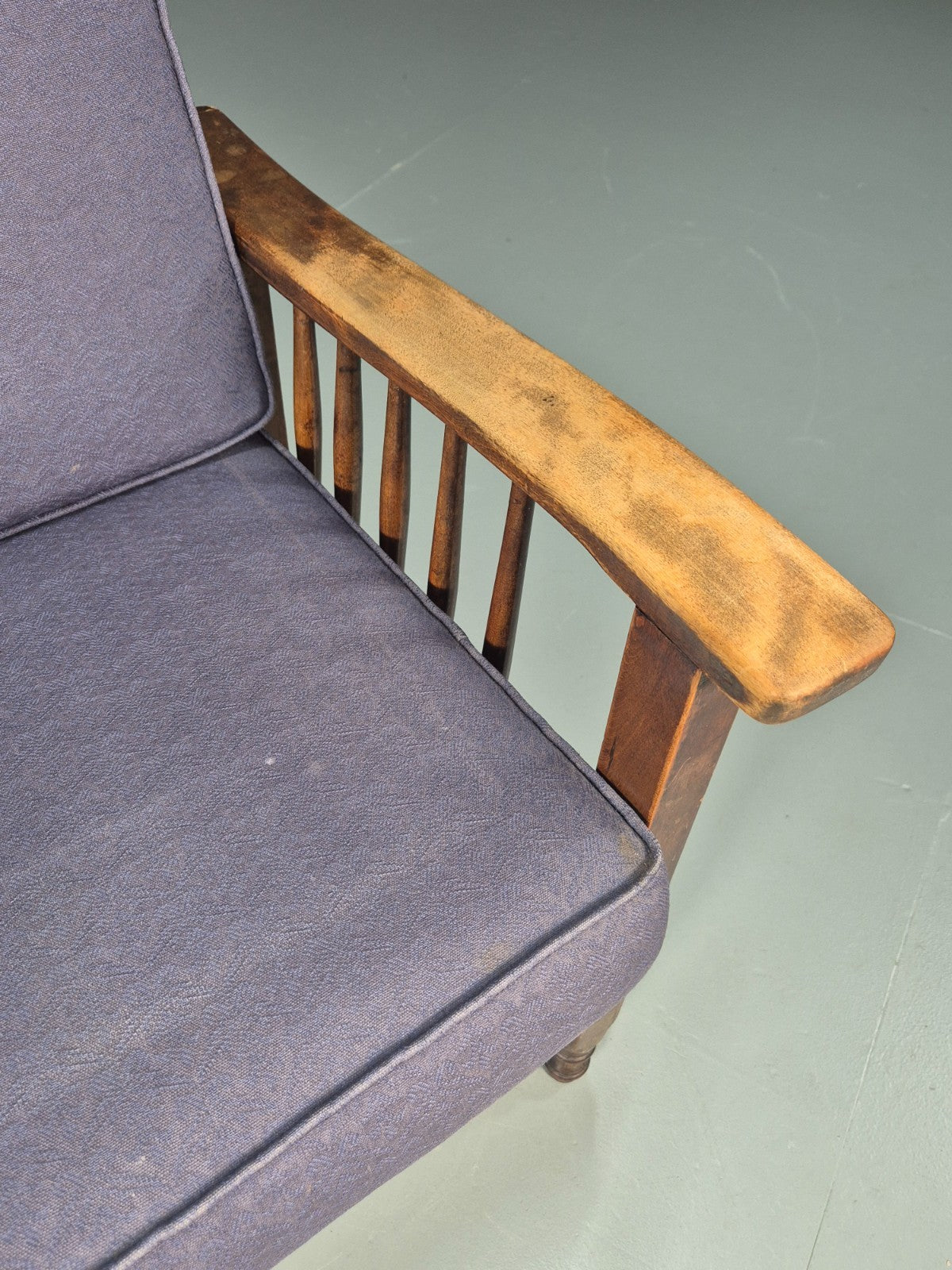 Antique Oak Wheel Back Folding Chair Purple upholstery 1900s EB10629 VCAR5