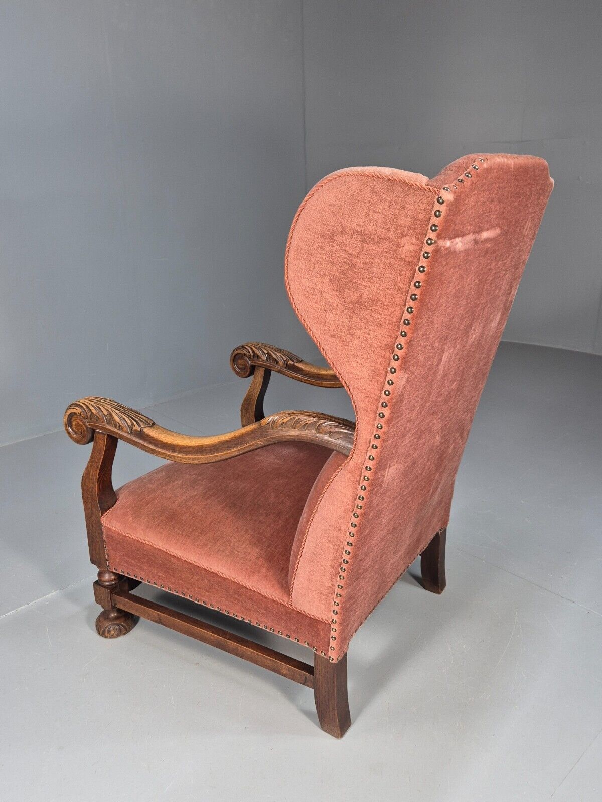 Vintage Danish Lounge Chair Pink Peach Velour Oak 17th Century Style EB8970 VCLO - UKDK FURNITURE