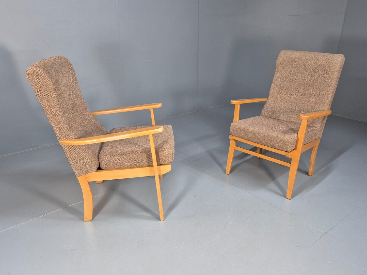 Vintage Oatmeal Armchairs Beech Frame Pair Retro Design EB9489 MNOR - UKDK FURNITURE