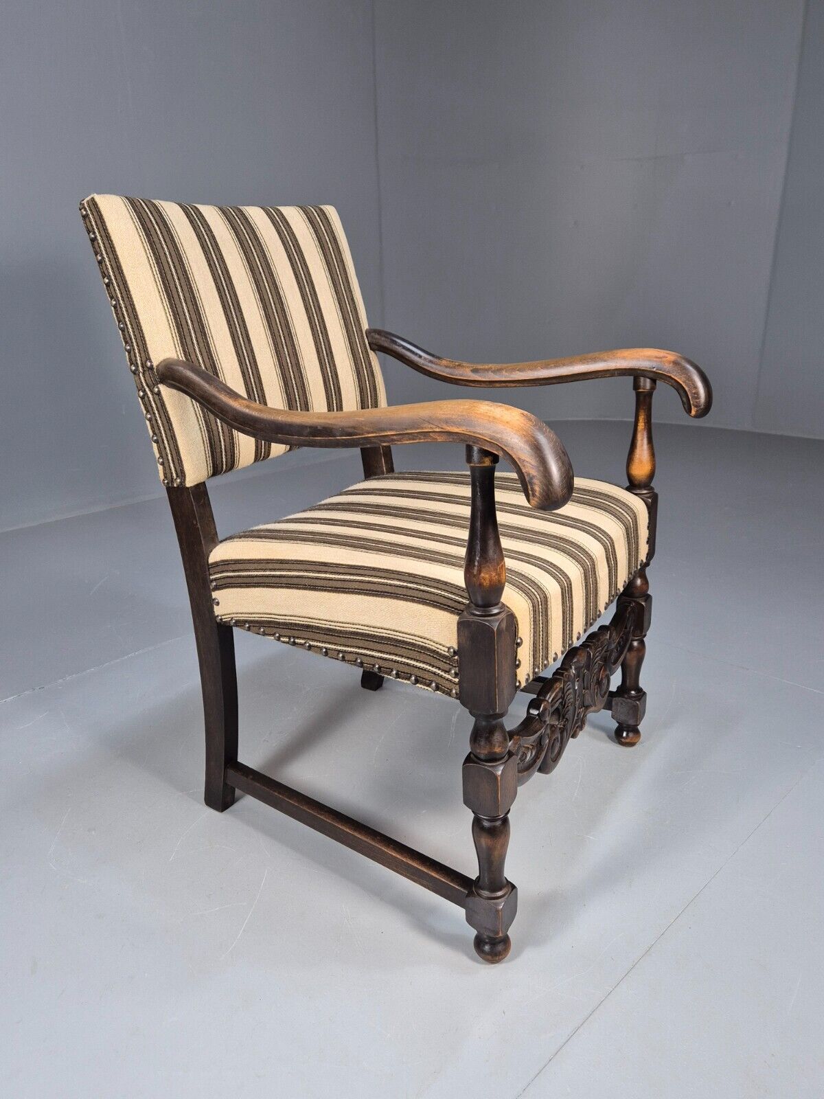 Vintage Danish Baroque Style Elbow Chair Striped Wool Upholstery EB9383 VCAR - UKDK FURNITURE