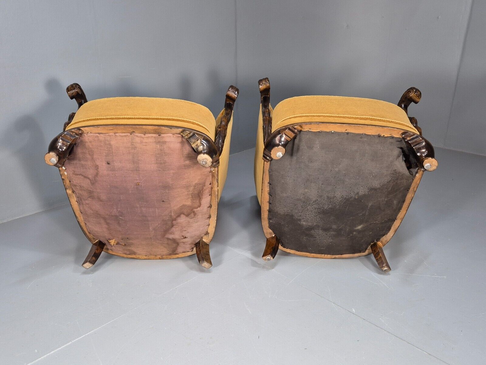 2 Vintage Danish Antique Chairs Gold Velour 1930s Carved Wood EB8969 VCLO - UKDK FURNITURE
