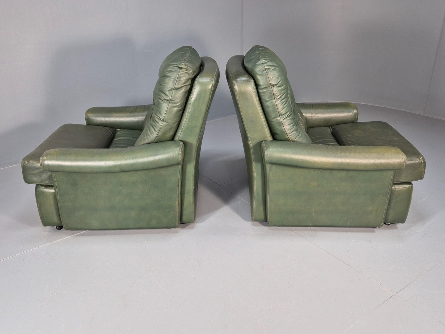 2 Vintage 1970s Green Leather Lounge Chairs Harrods Originally Retro EB9165 MNOR - UKDK FURNITURE
