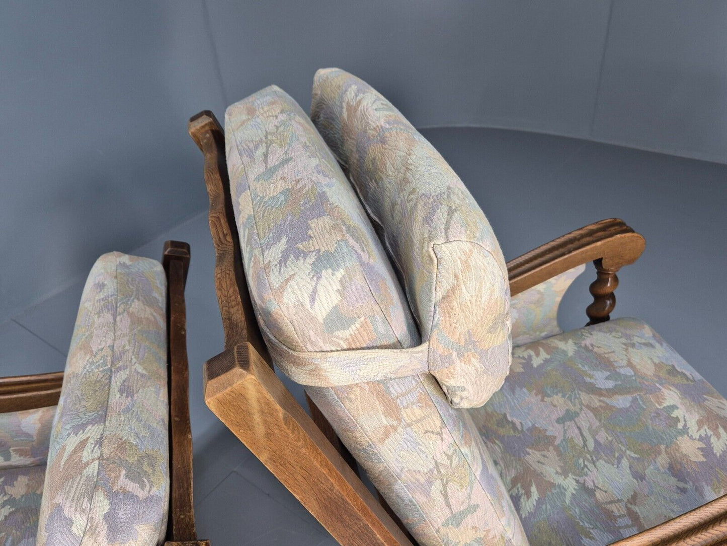 2 Vintage Danish Lounge Chairs Floral Beige Cotton Oak Frame Baroque EB8952 VCLO - UKDK FURNITURE