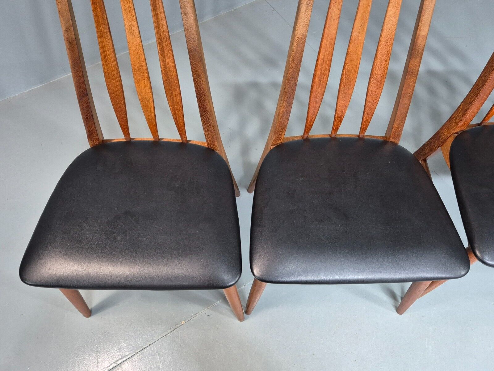 4 Vintage Danish Dining Chairs Black Vinyl Teak Koefoeds Retro MCM EB8433 MDIN - UKDK FURNITURE