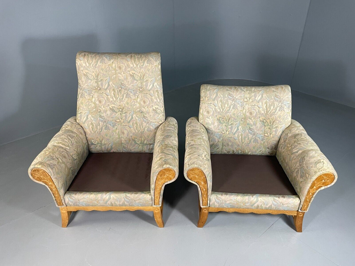 2 Vintage Danish lounge chairs Kjaernulf Oak Floral Cotton Retro EB6749 MNOR - UKDK FURNITURE
