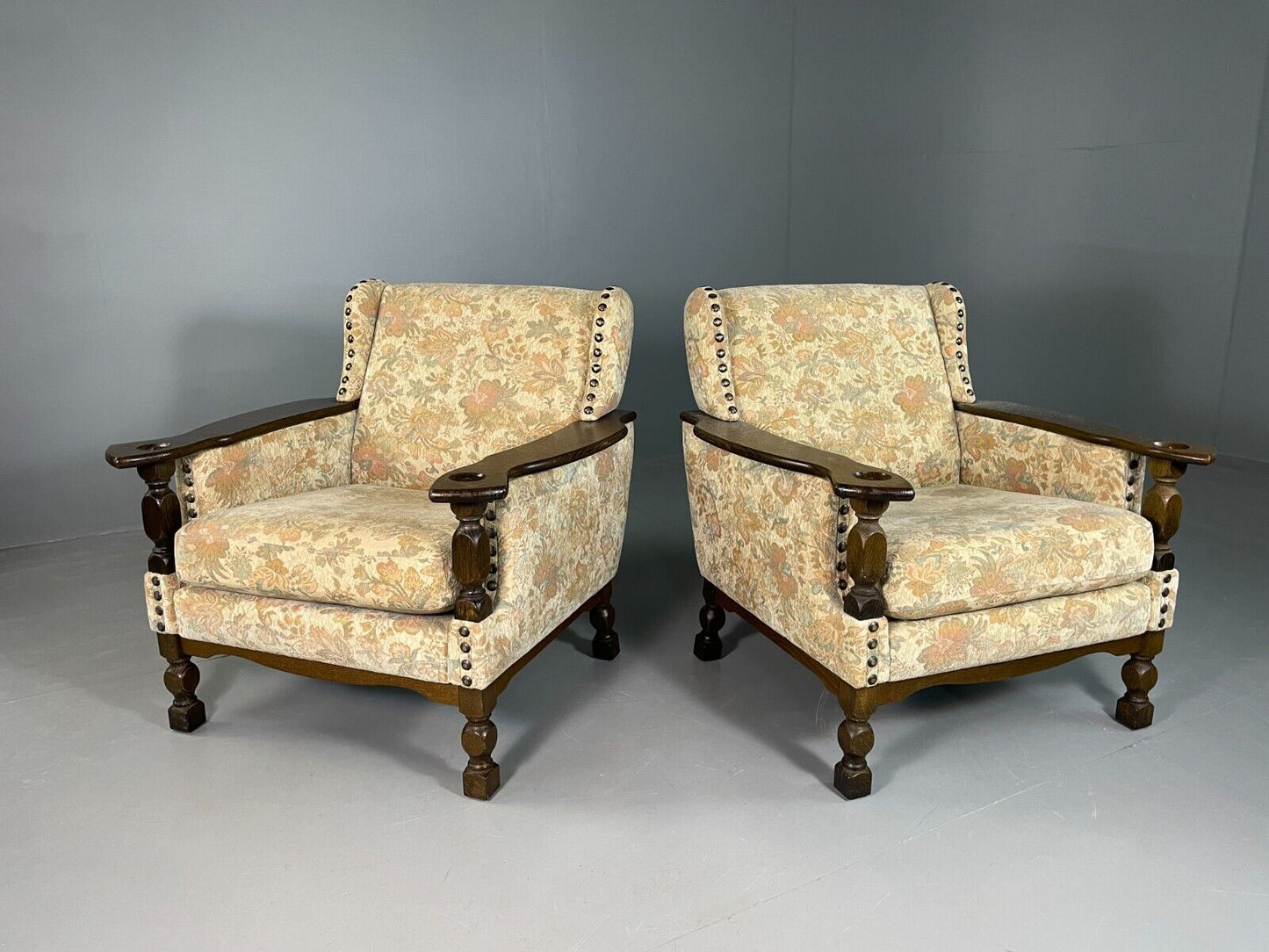 2 Vintage Danish Lounge Chairs Floral Cotton Oak Frame Retro EB6690 MNOR - UKDK FURNITURE