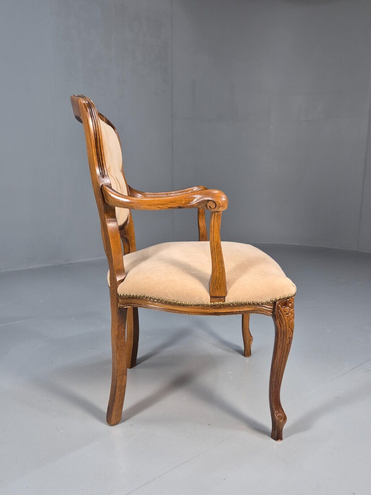 Vintage Danish Antique French Style Elbow Chair Beige Velour EB8439 VDIN - UKDK FURNITURE