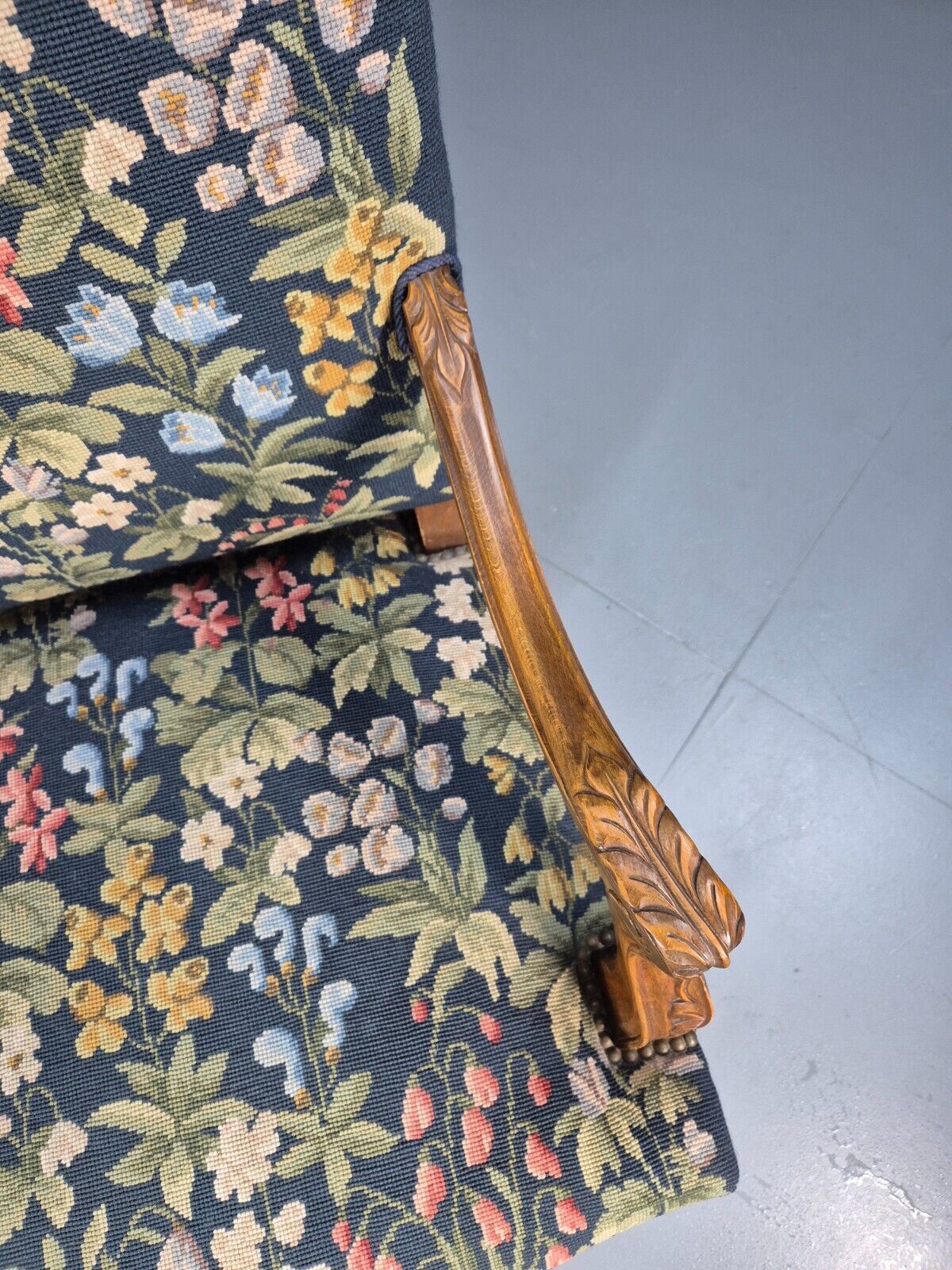 Vintage Danish Lounge Blue Floral Oak 17th Century Style EB8994 VCLO - UKDK FURNITURE
