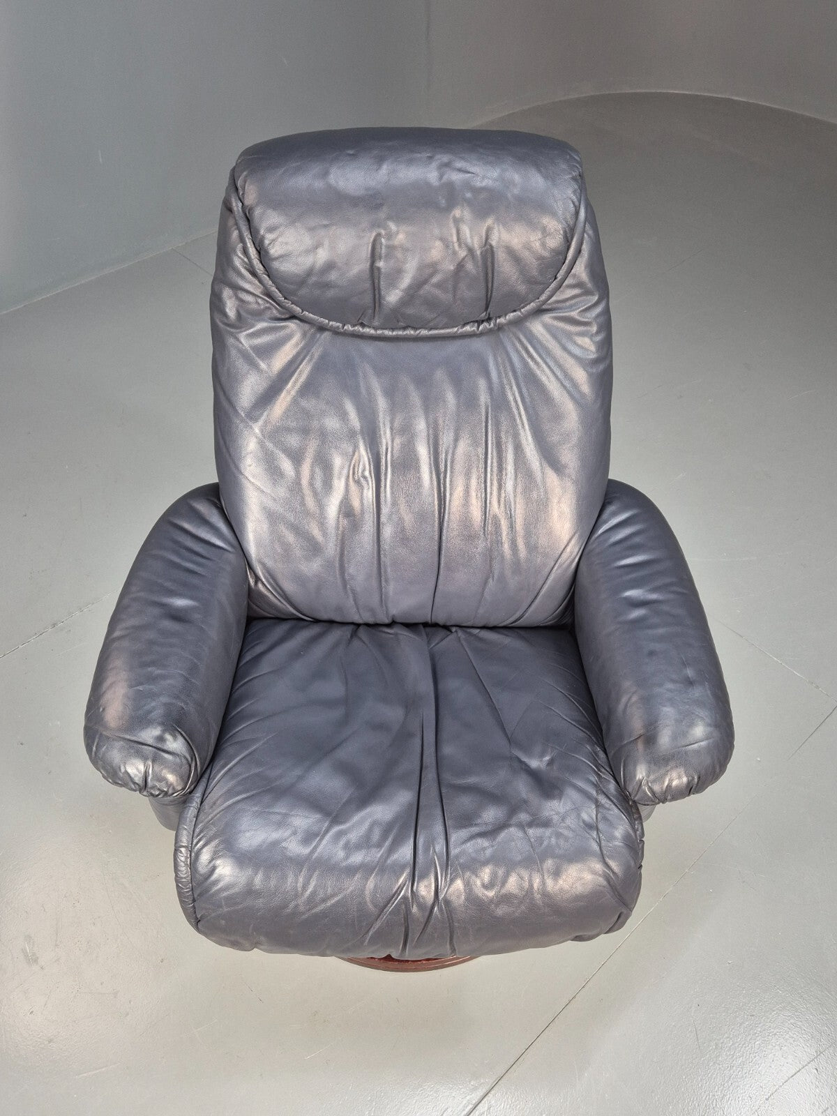 Vintage Danish Swivel Chair Blue Grey Leather Reclines 1980s Retro Eb8465 MSWI - UKDK FURNITURE