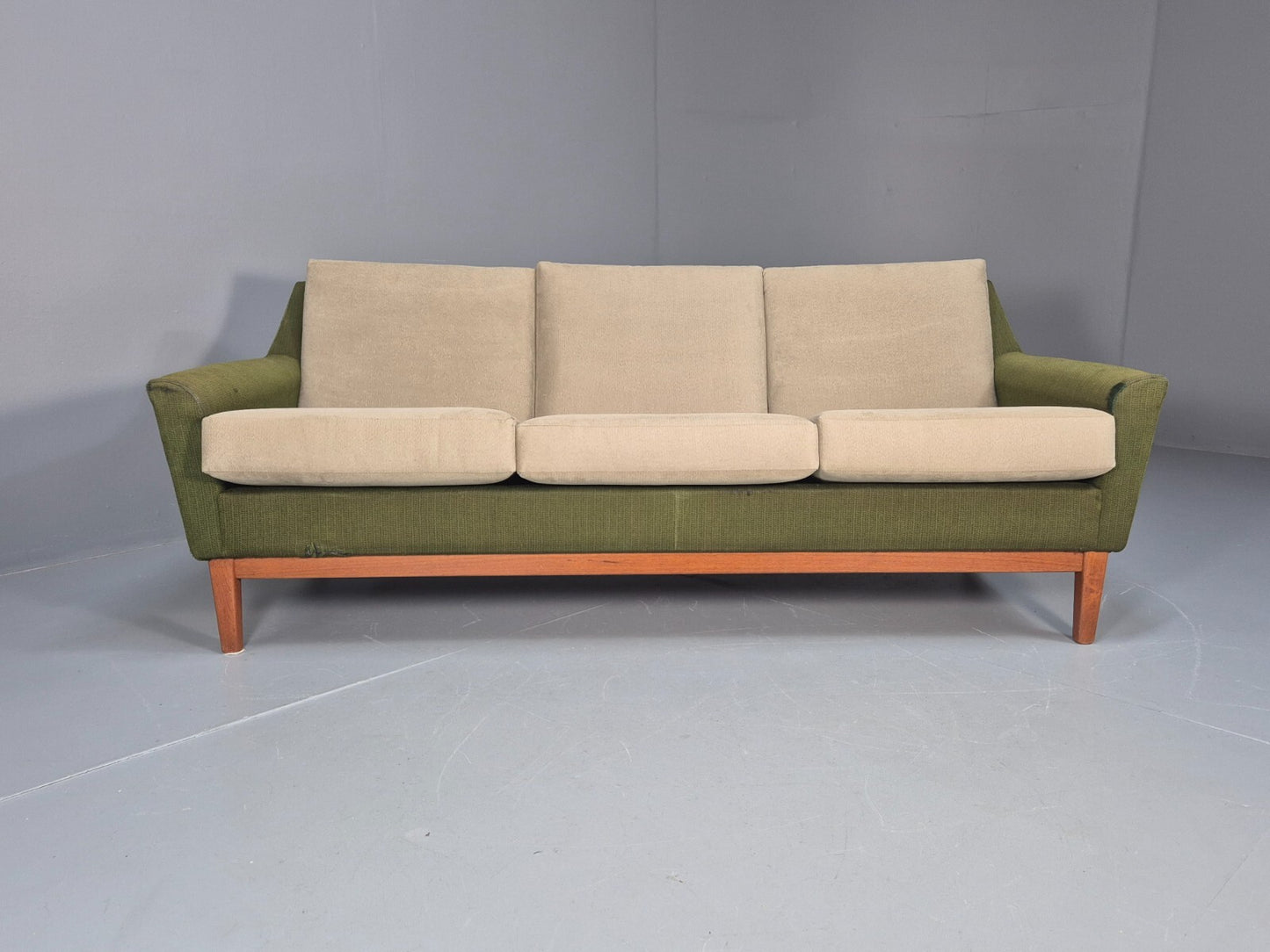 Mid Century 3 Seater Sofa Green Cream Fabric Teak Vintage Scandi EB9794 M3SS - UKDK FURNITURE