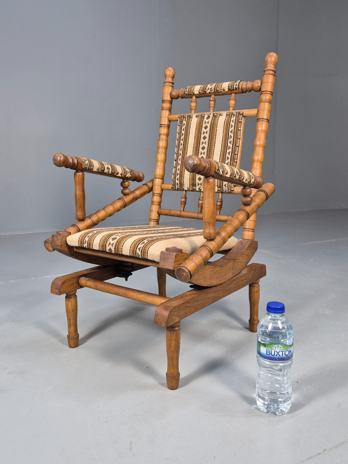 Vintage Childs American Style Rocking Chair Oak and Stripe Wool EB9577 MNOR - UKDK FURNITURE