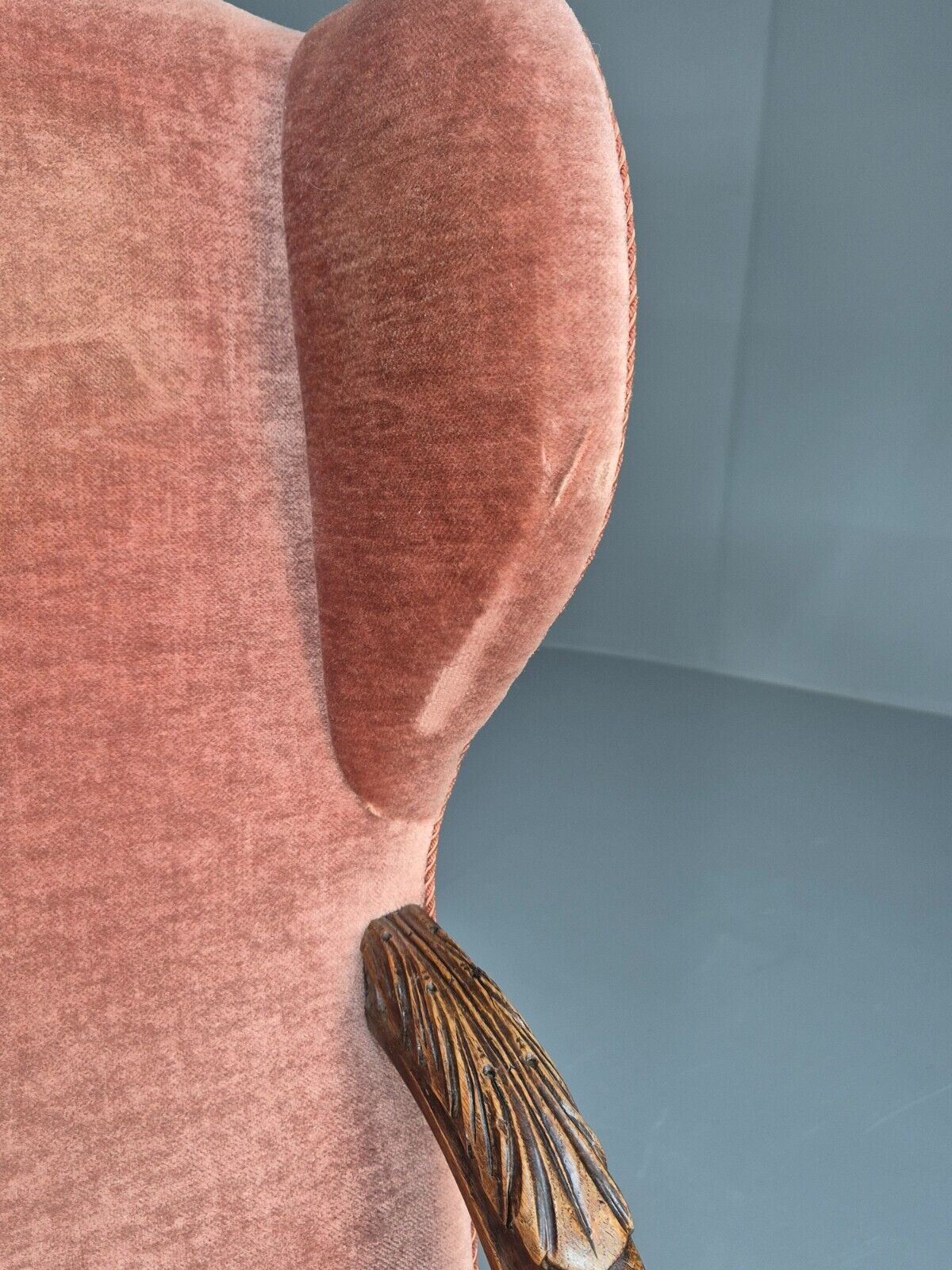 Vintage Danish Lounge Chair Pink Peach Velour Oak 17th Century Style EB8985 VCLO - UKDK FURNITURE