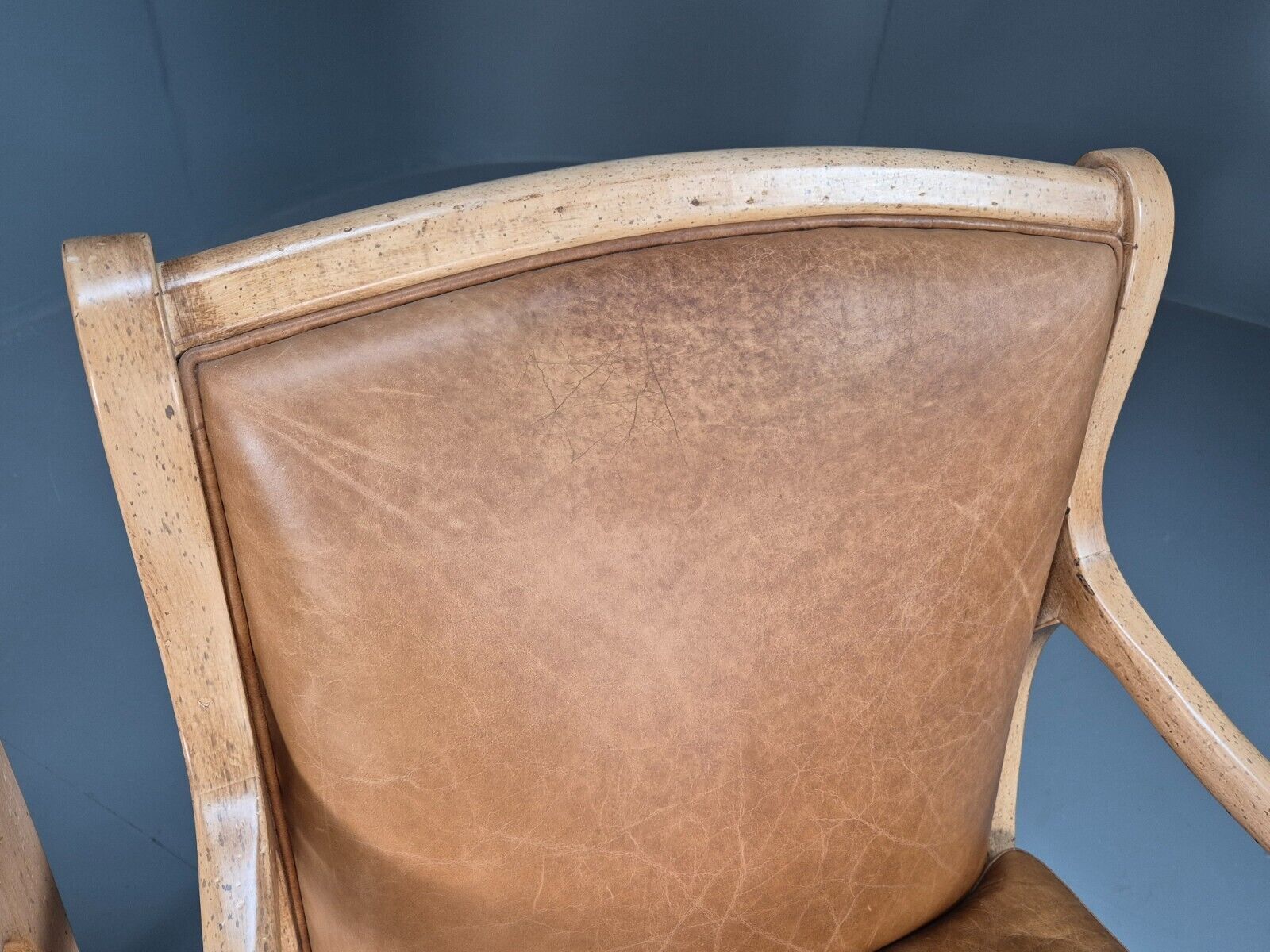 2 Vintage Lounge Chairs Tan Leather Cream Wood Frame Antique Style EB9028 VLEA - UKDK FURNITURE