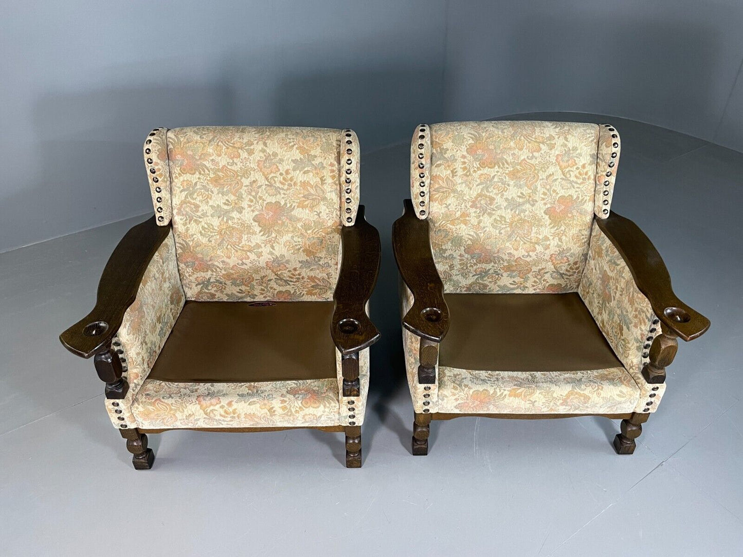 2 Vintage Danish Lounge Chairs Floral Cotton Oak Frame Retro EB6690 MNOR - UKDK FURNITURE