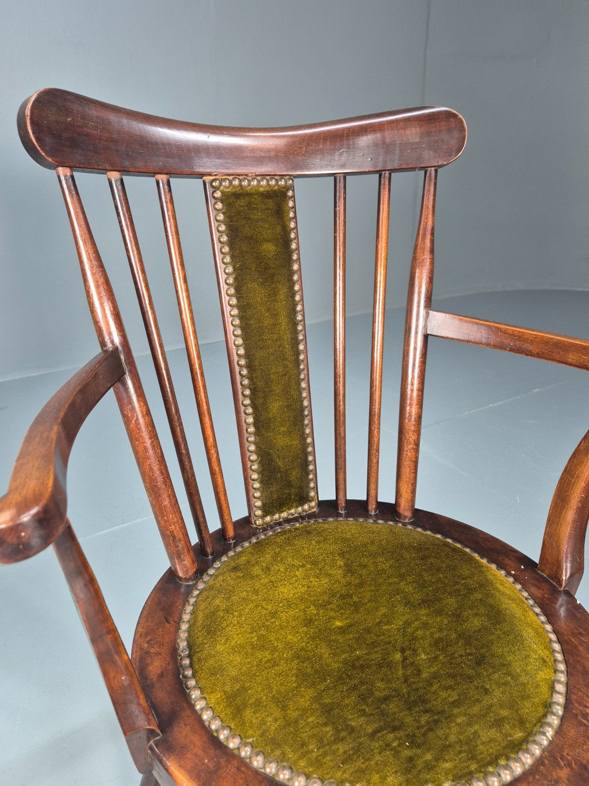 Edwardian Penny Seated Elbow Chair Mahogany Frame green Velour 1900 EB10612 VWOO16