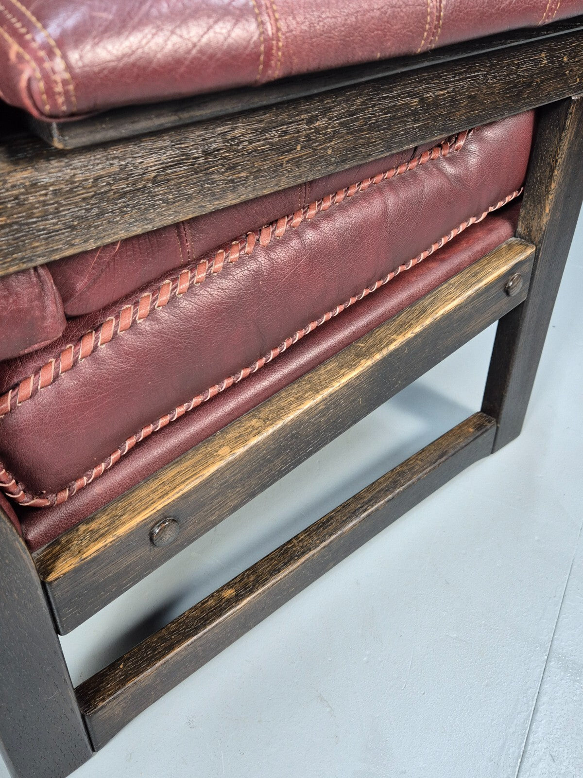 Vintage Danish Burgundy Leather Lounge Chair Stitch Detail 1980s MCM EB9259 MNOR - UKDK FURNITURE