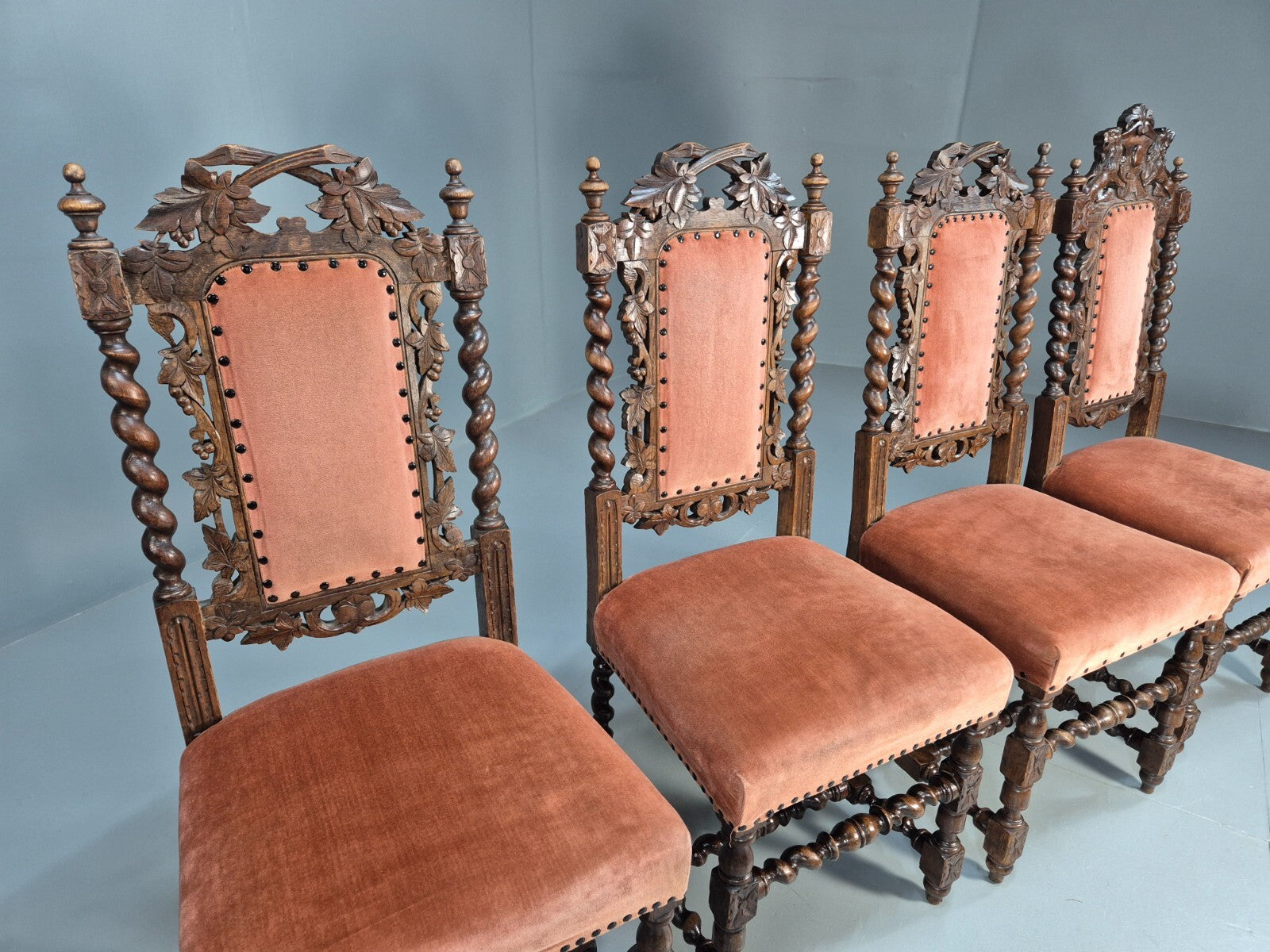 4 Vintage Antique Oak Dining Chairs Barley Twist Baroque 1900s EB9220 VCAR - UKDK FURNITURE
