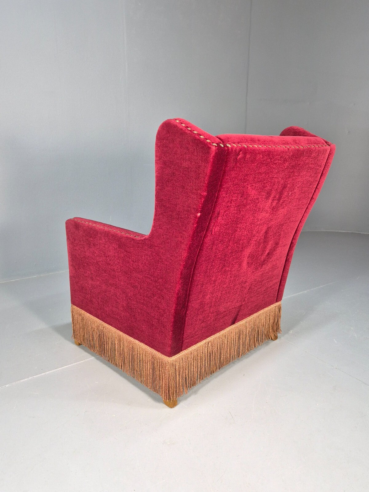 Vintage Danish Wingback Lounge Chair Red Velour Tassels 1940s Retro EB9614 VCLO - UKDK FURNITURE