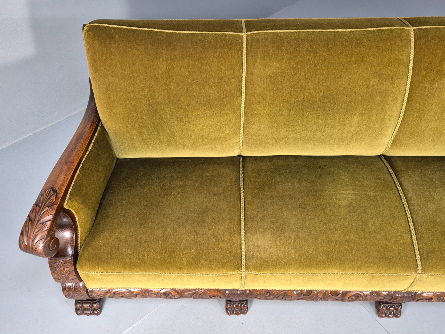 Vintage Danish Baroque Style 3 Seat Settee Green Velour Antique 1920 EB9653 V3SS - UKDK FURNITURE
