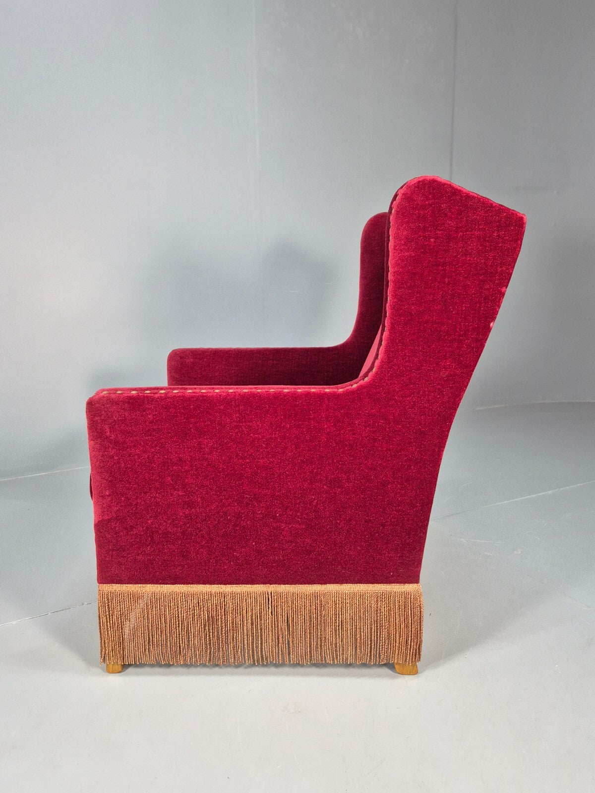 Vintage Danish Wingback Lounge Chair Red Velour Tassels 1940s Retro EB9614 VCLO - UKDK FURNITURE