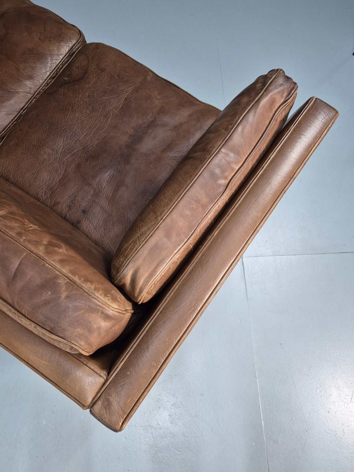 Mid Century 3 Seater Leather Sofa Danish Tan Leather  1970s Retro EB10102 M3SS15