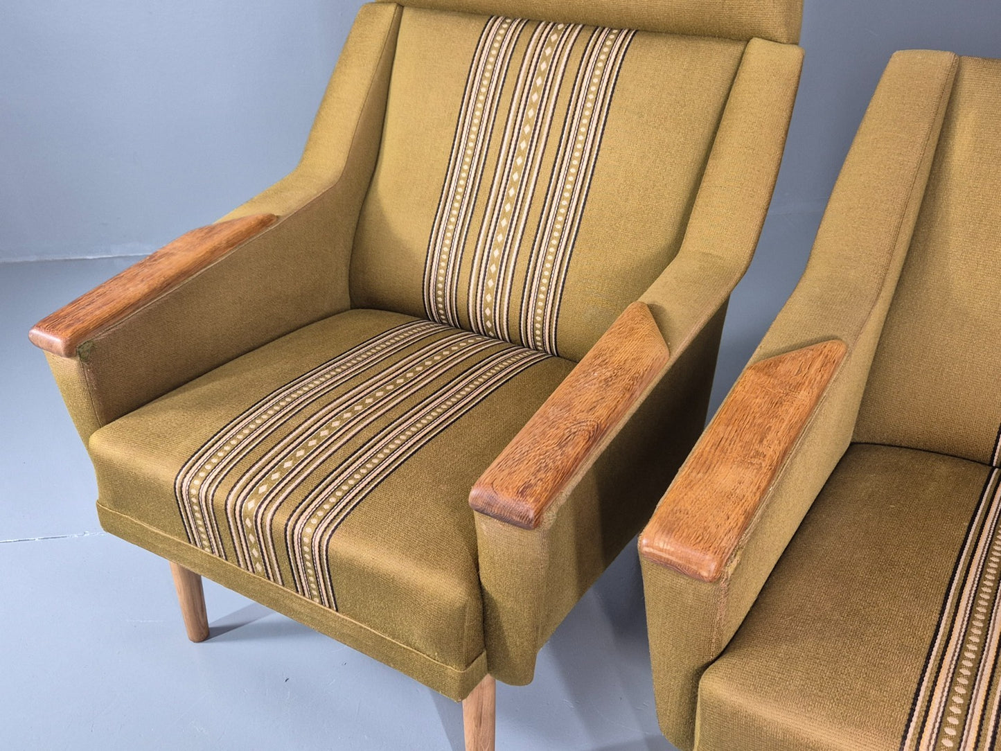2 1970s Danish Lounge Chairs Green Wool Oak Details Retro Quality EB11408 MNOR18