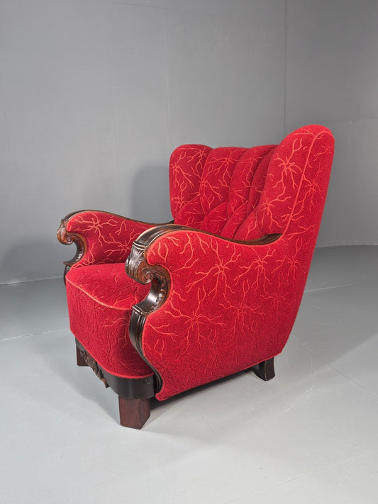Vintage Art Deco Danish Lounge Chair Red Moquette 1930s EB11394 VCLO1