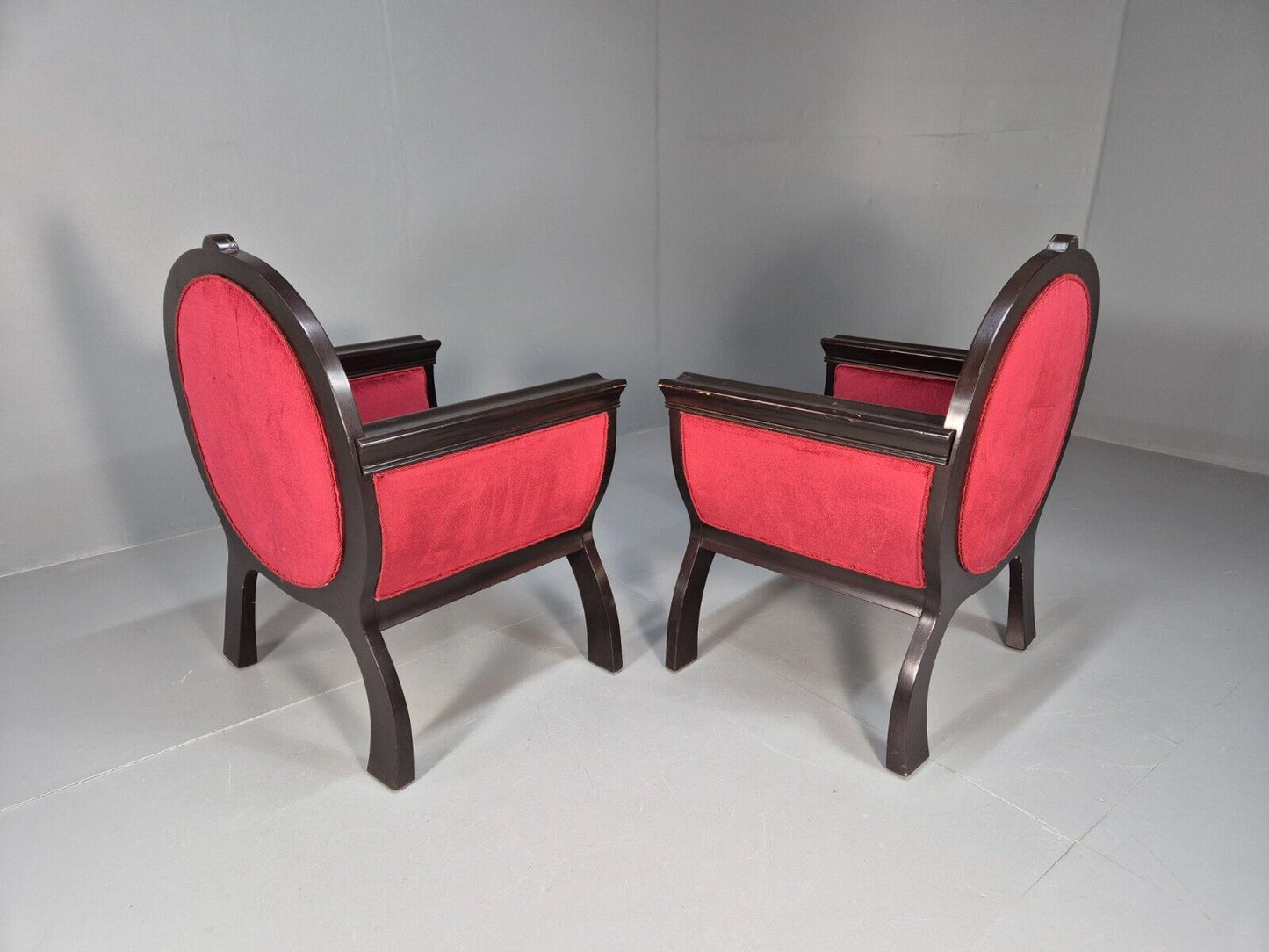 2 Vintage Danish Lounge Chairs Red Velour Mahogany Gondola Style EB8997 VCLO - UKDK FURNITURE