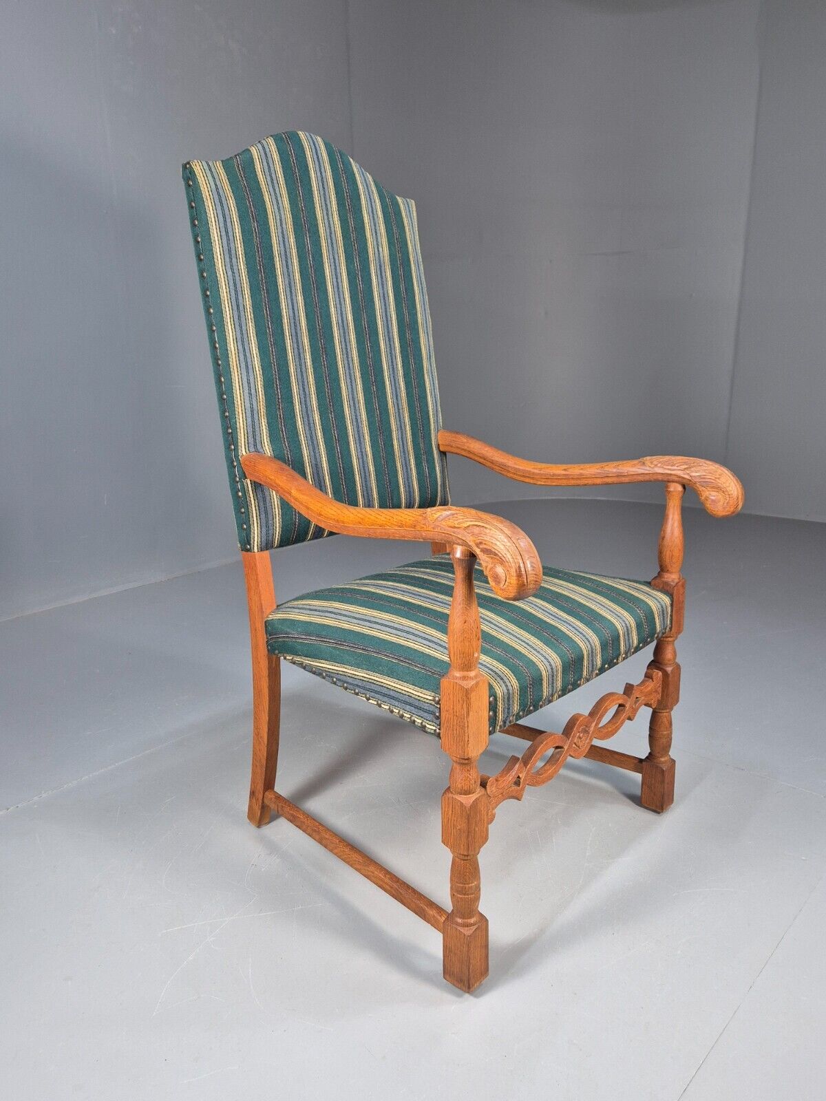 A Vintage Danish Baroque Style Armchair Green Wool Stripe Oak Frame EB9002 VCLO - UKDK FURNITURE