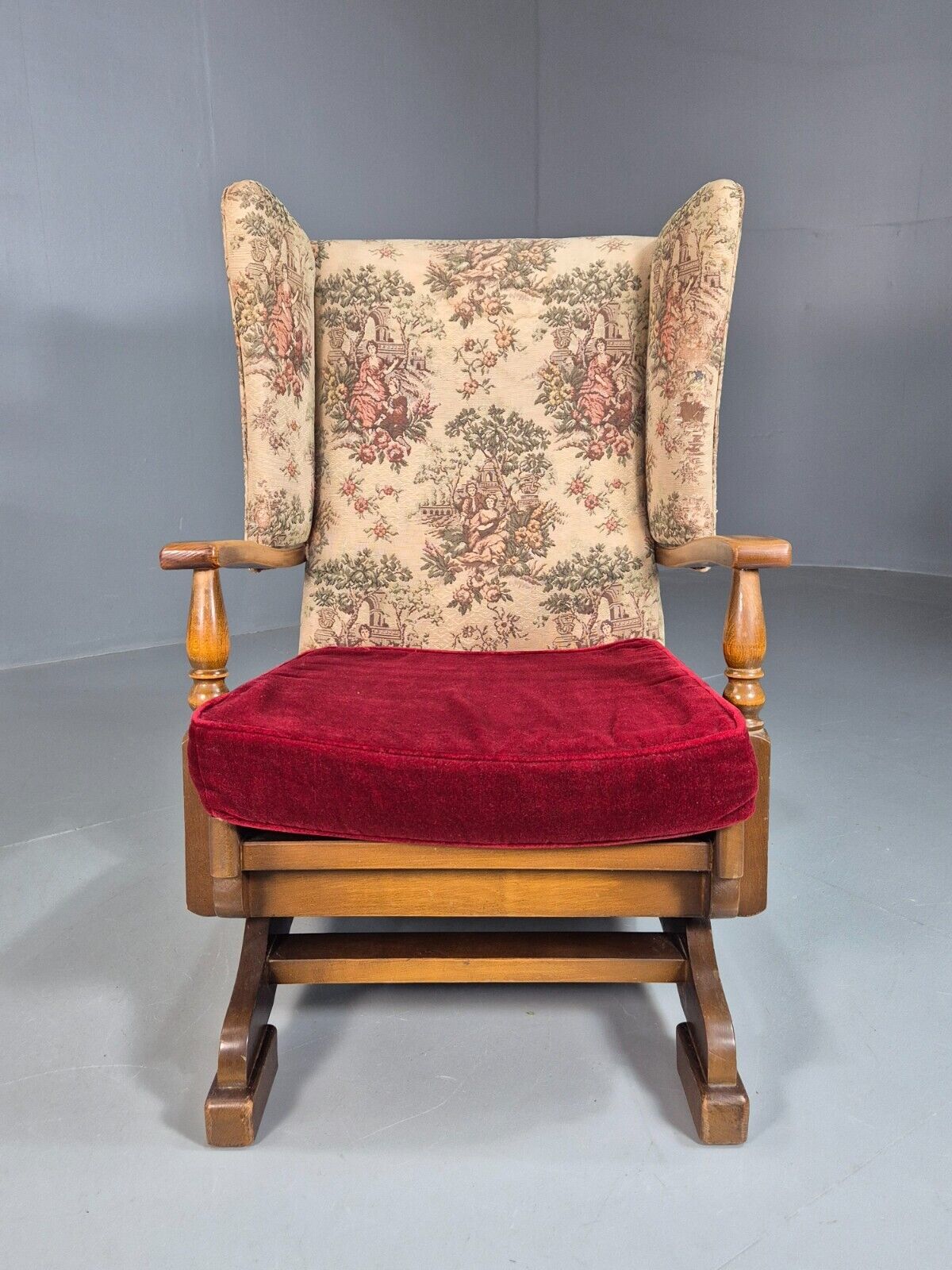 Vintage Wing Back Rocking Chair Floral Upholstery Beech Frame 1950s EB7936 MNOR - UKDK FURNITURE