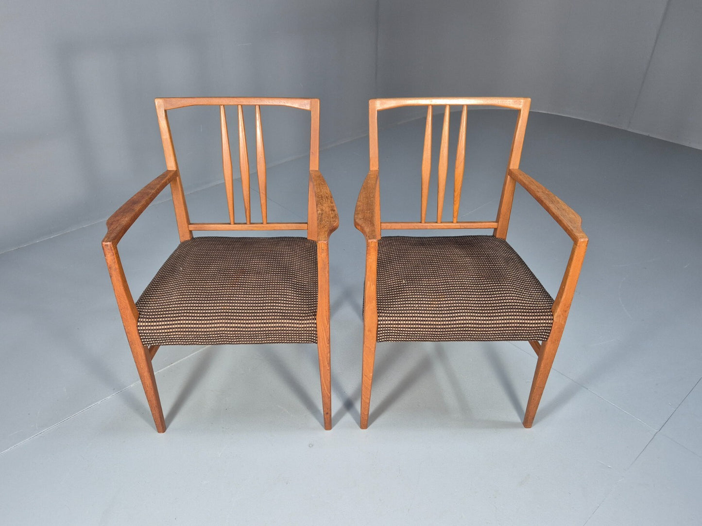 2 Gordon Russell Carver Dining Chairs Teak Green and Cream Wool MCM EB9748 MDIN - UKDK FURNITURE