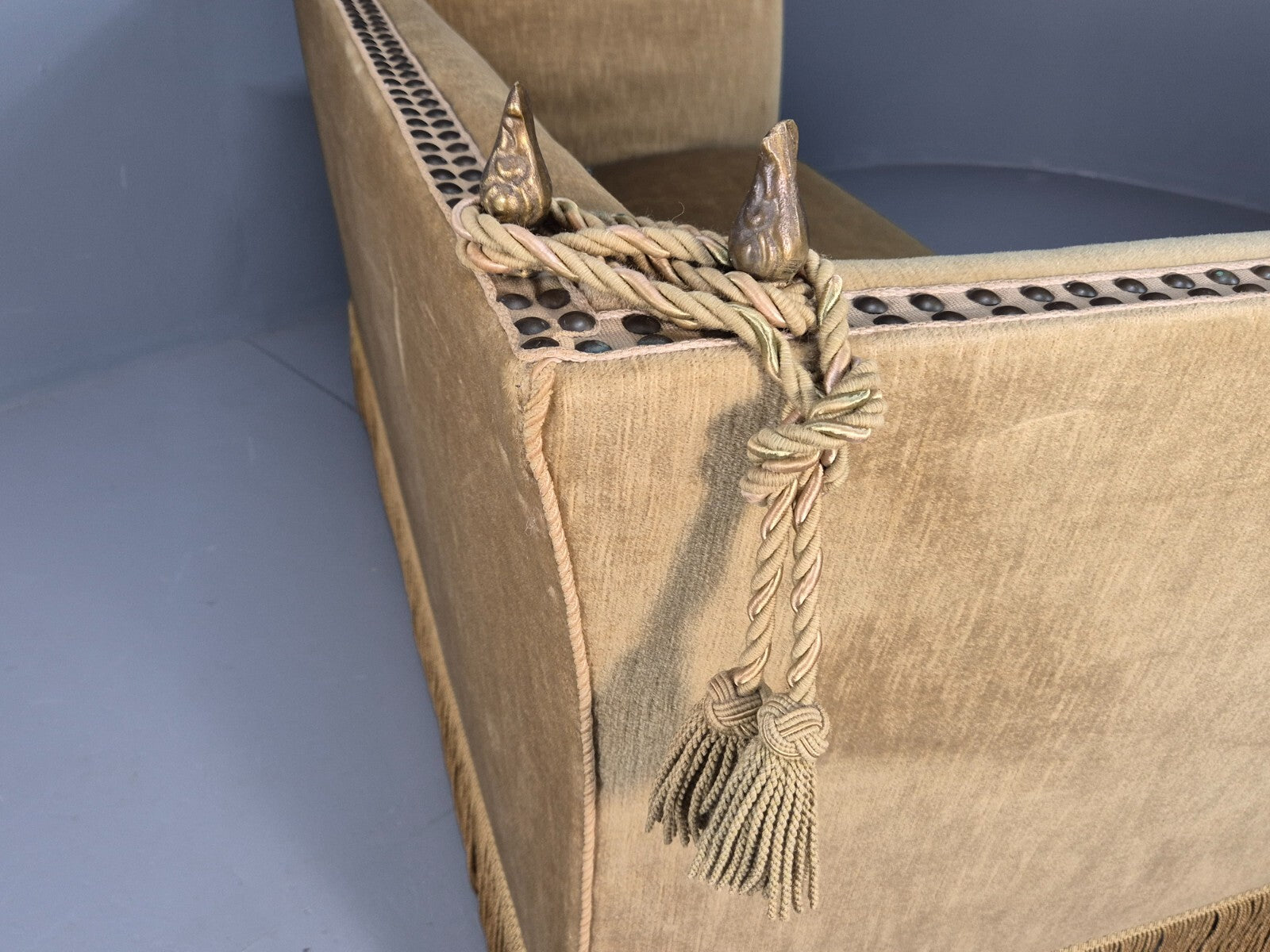 Vintage Two Seater Sofa Green Velour Studded Tassels Danish Design EB9549 V2SS - UKDK FURNITURE