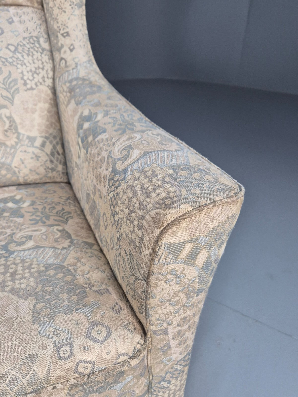 Vintage Danish Wingback Armchair Cream Grey Abstract Print Retro EB9695 MNOR - UKDK FURNITURE