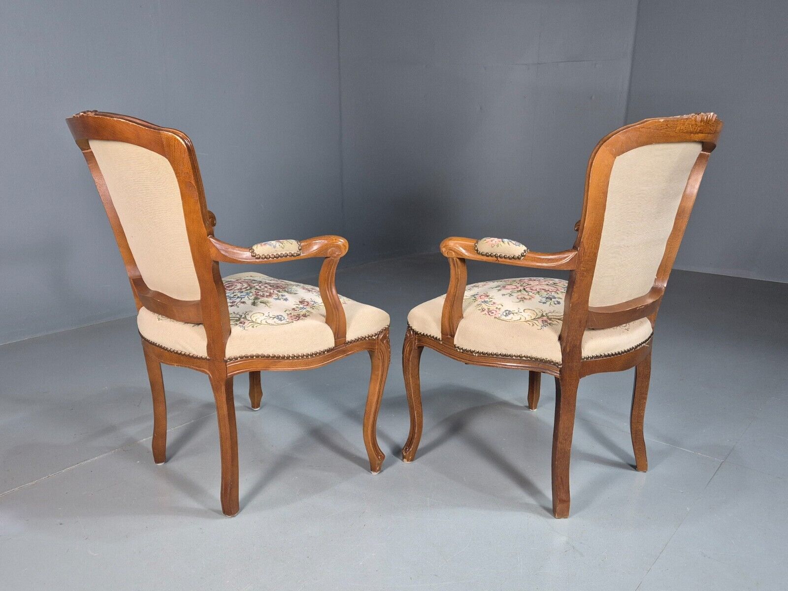 2 Vintage Danish Lounge Chairs Fauteuil Floral Tapestry French Repro EB8077 VCAR - UKDK FURNITURE