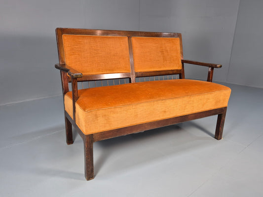 Vintage 1940s Danish Bench Sofa Orange Velour Brass Decoration EB9656 M2SS - UKDK FURNITURE