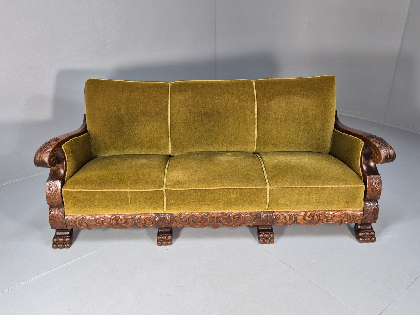 Vintage Danish Baroque Style 3 Seat Settee Green Velour Antique 1920 EB9653 V3SS - UKDK FURNITURE