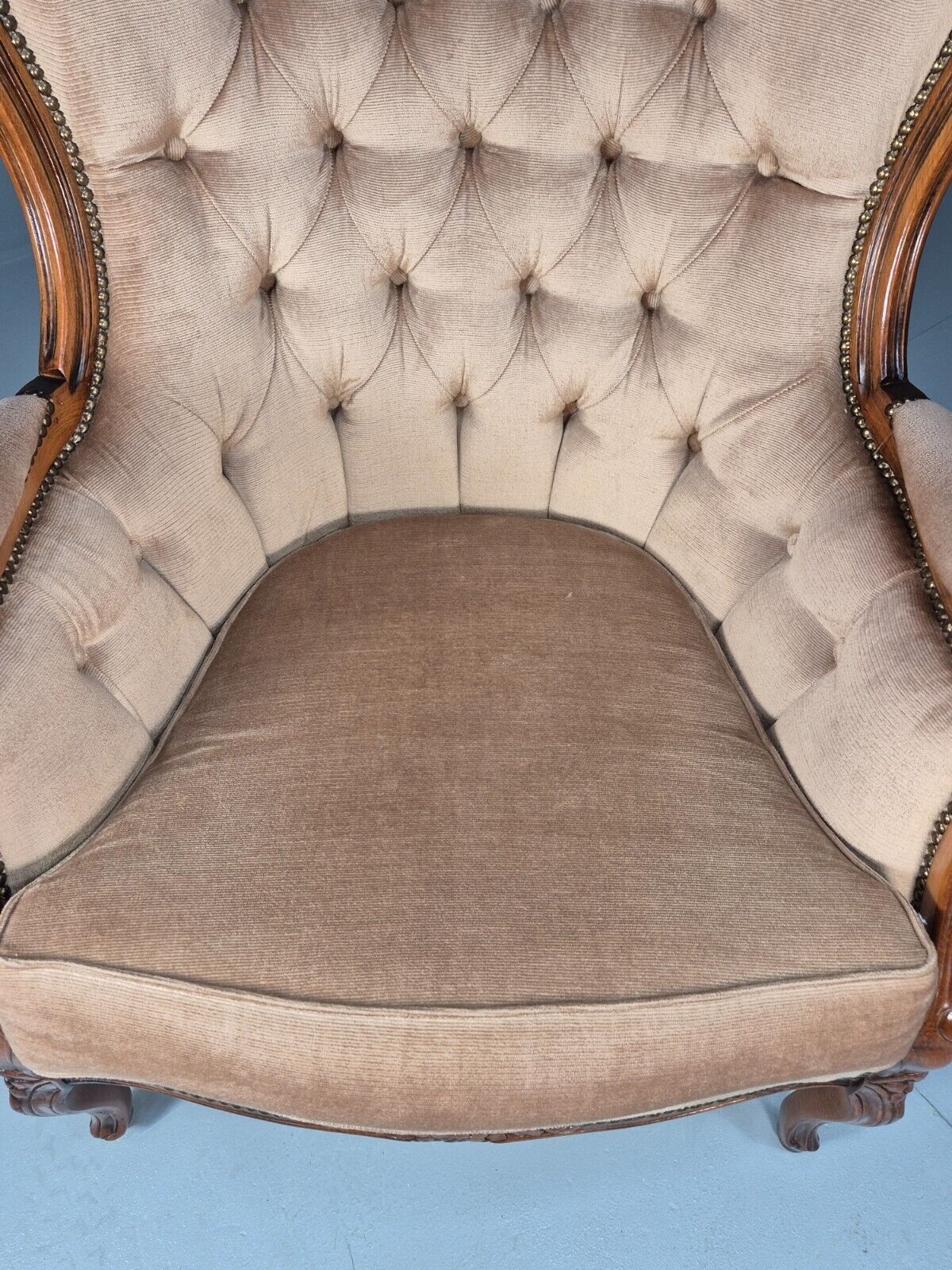 Vintage Danish Lounge Chair Beige Velour Beech Antique French Style EB8930 VCLO - UKDK FURNITURE