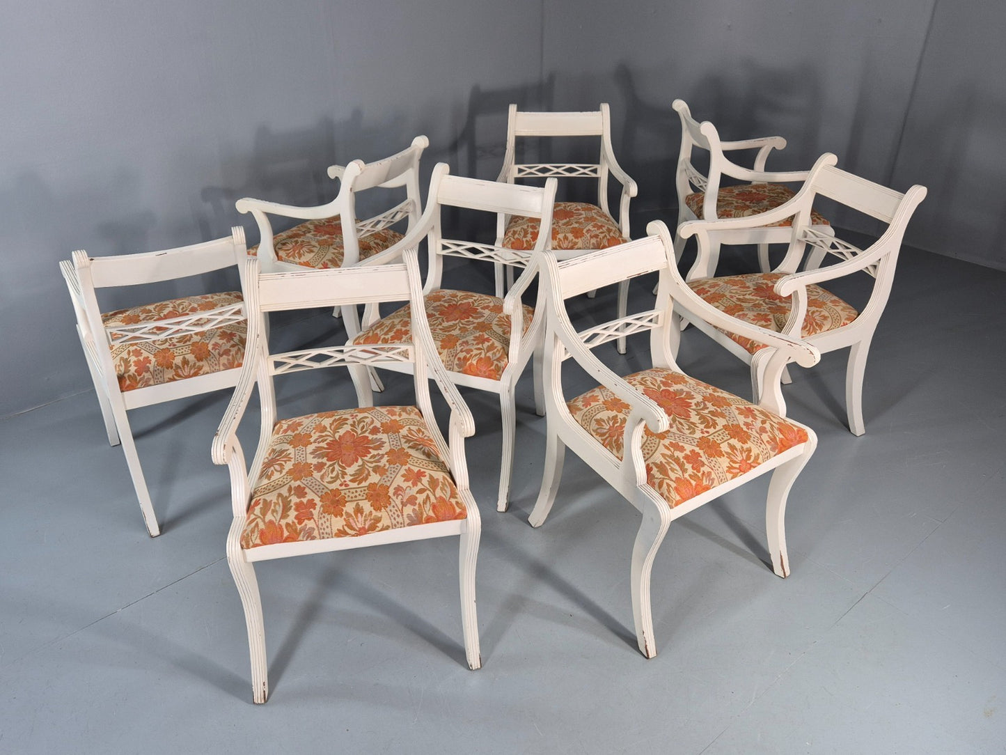 8 Regency Style Dining Chairs 1970s Retro Repro Floral Pads Armed EB11035 MDIN15