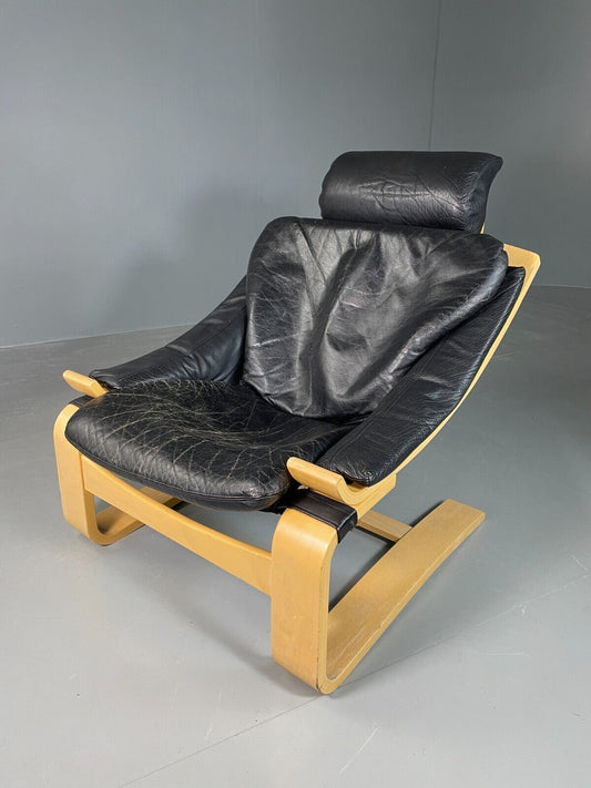 Vintage Swedish Lounge Chair Black Leather Krokken Retro MCM EB6604 MBEN - UKDK FURNITURE