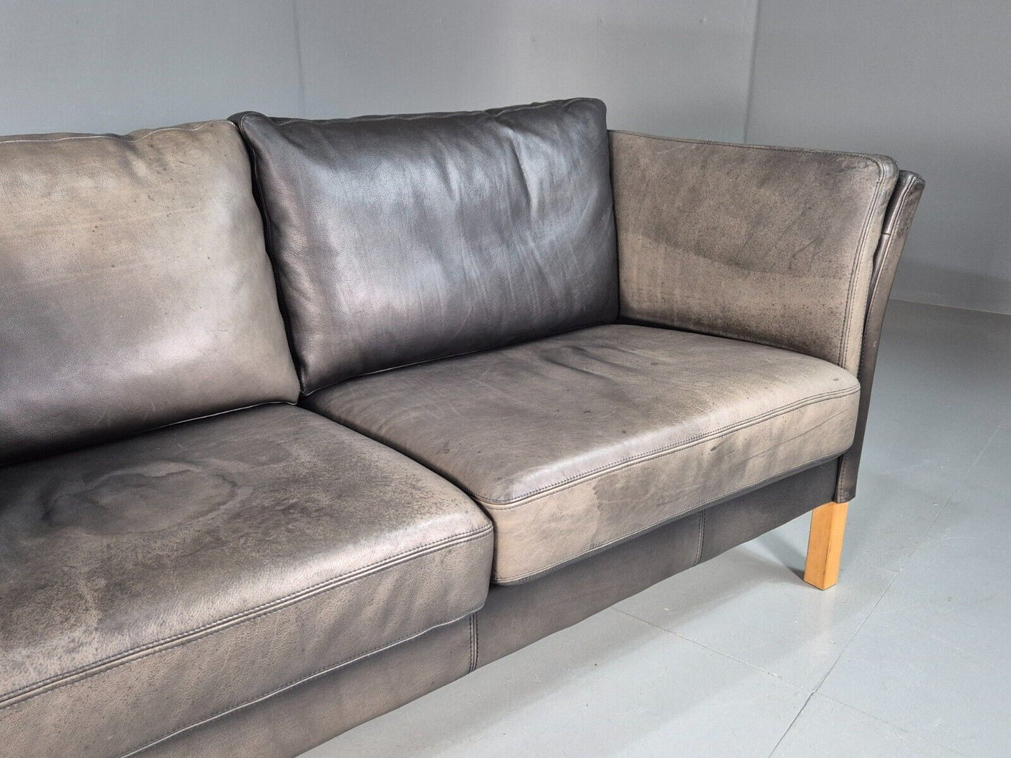 Vintage Danish Two Seat Sofa Faded Black Leather 1980s Retro MCM EB8168 M2SS - UKDK FURNITURE