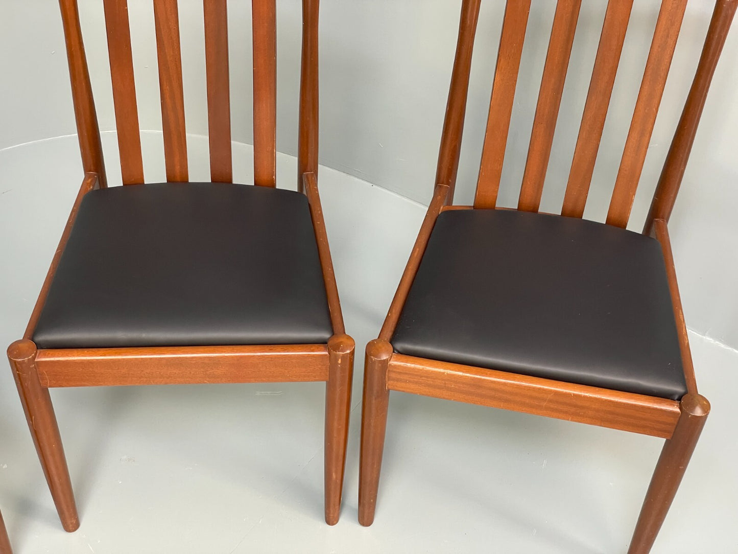 Vintage Meredew Dining Chairs Six Mahogany Teak 1970s Black Vinyl EB9726 MDIN - UKDK FURNITURE