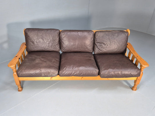 Vintage Danish 1970s Pine and Leather Upholstered 3 Seat Sofa Retro EB9455 M3SS - UKDK FURNITURE