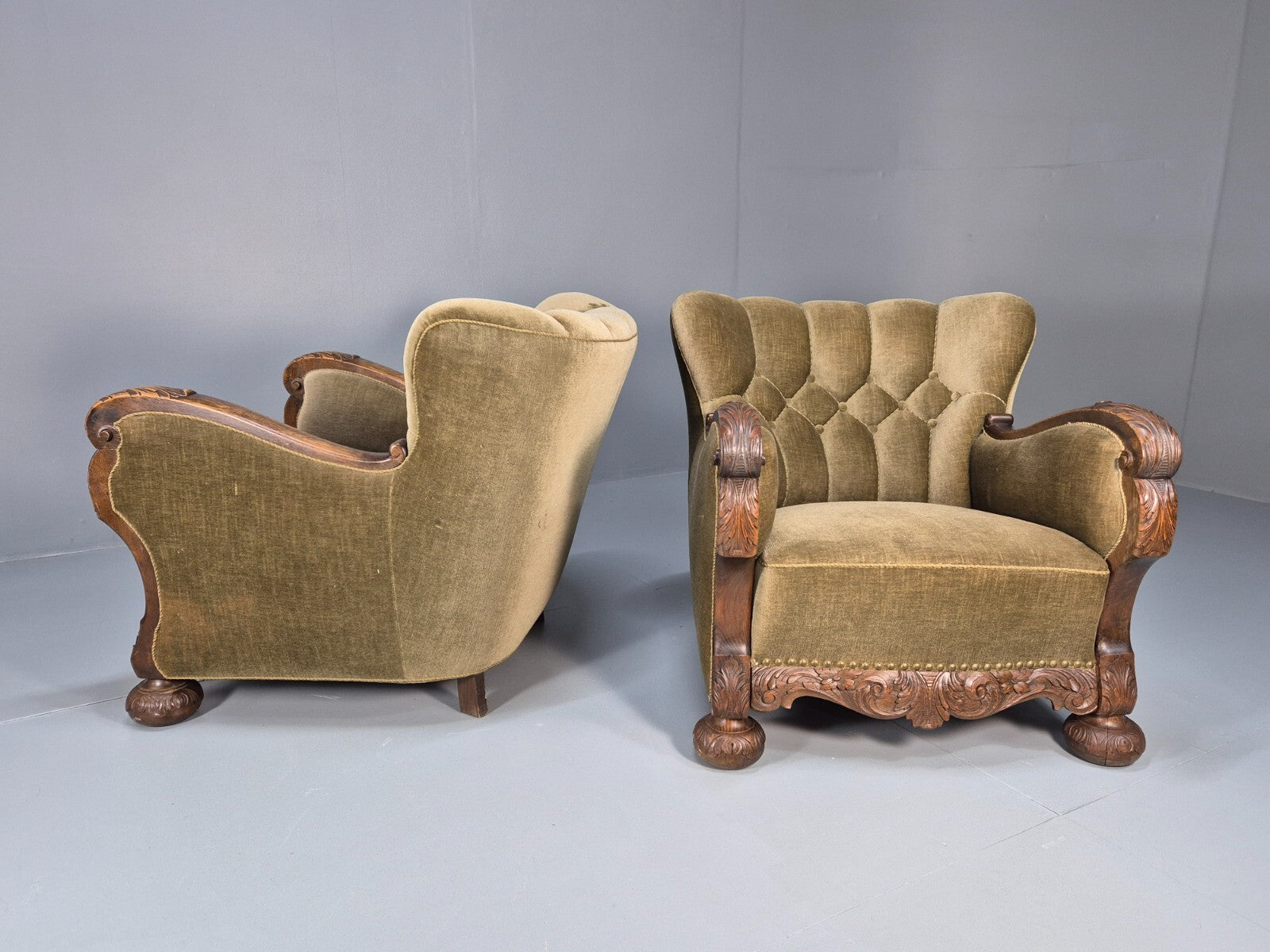 2 Antique Carved oak Danish Lounge Chairs Mink Velour Fan Back 1930s EB9557 VCLO - UKDK FURNITURE
