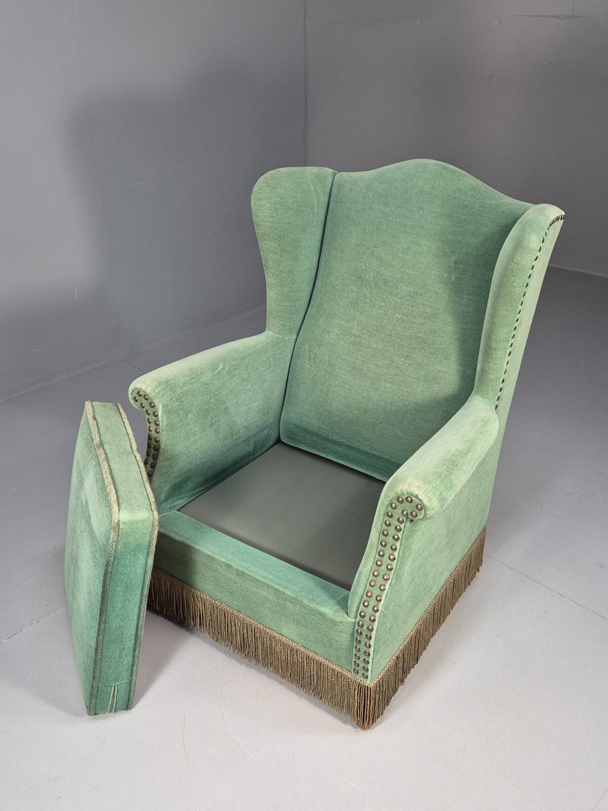 Vintage Danish Wingback Lounge Chair Green and Cream Floral Tassels EB9610 VCLO - UKDK FURNITURE