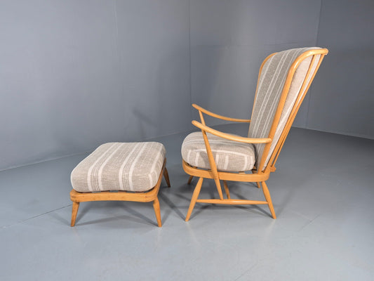 Vintage Ercol 415 Chair and Footstool with New Upholstery Retro EB10293 MNOR1