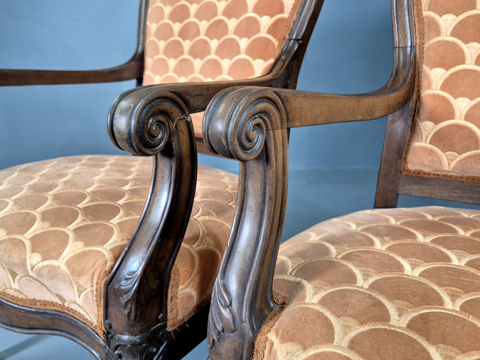 Vintage Fautueil Chairs Orange Upholstery Mahogany Antique EB7380 VCLO - UKDK FURNITURE