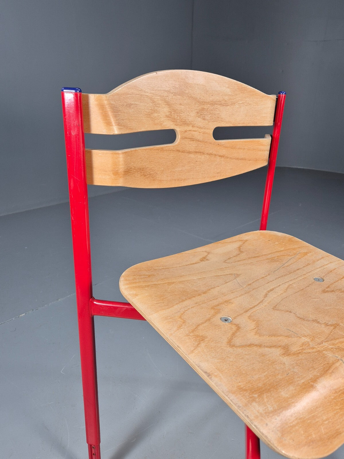 Vintage Danish Industrial Chair Red Frame Plywood Seat Retro EB9478 MSTA - UKDK FURNITURE