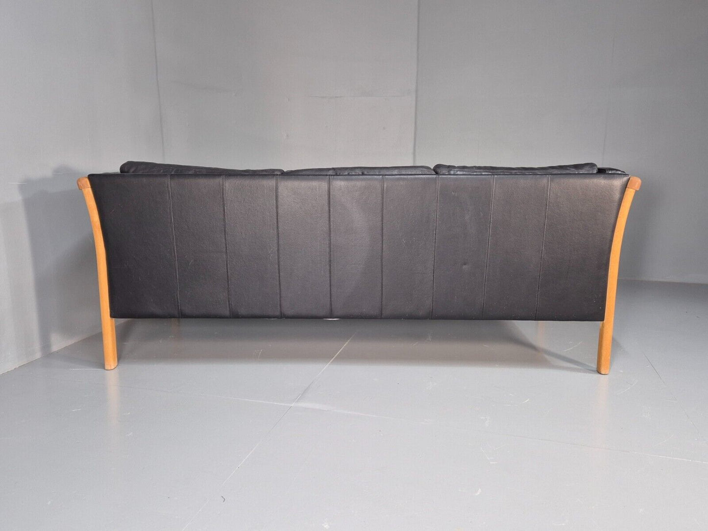 Vintage 3 Seat Sofa Black Leather Beech Ends Stouby Retro 1980s MCM EB8593 M3SS - UKDK FURNITURE